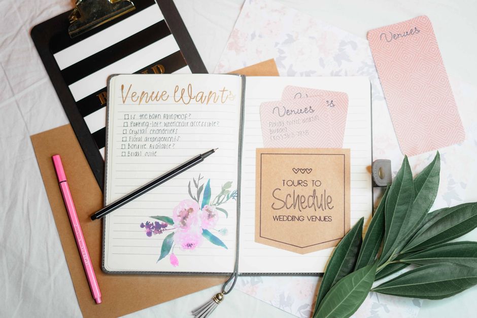 Professional wedding planner organizing details on a clipboard